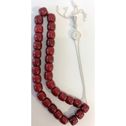 Κομπολόι από ασήμι 925 με χάντρες από κεχριμπάρι φατουράν χρώματος κερασιού (KOM10)